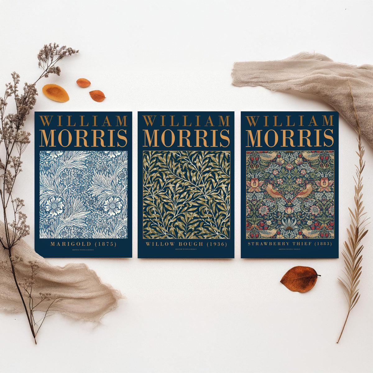 William Morris Willow Bough Set of Three Art Prints - Marigold, Strawberry Thief - Botanical Leaf Pattern Poster Illustration