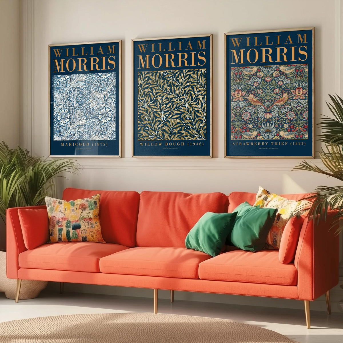 William Morris Willow Bough Set of Three Art Prints - Marigold, Strawberry Thief - Botanical Leaf Pattern Poster Illustration