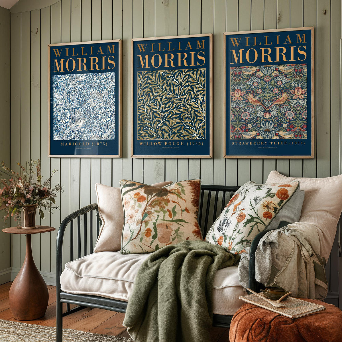 William Morris Willow Bough Set of Three Art Prints - Marigold, Strawberry Thief - Botanical Leaf Pattern Poster Illustration