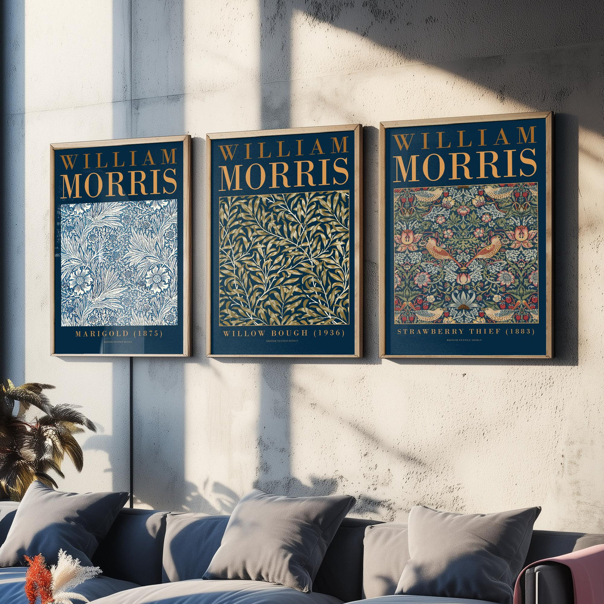 William Morris Willow Bough Set of Three Art Prints - Marigold, Strawberry Thief - Botanical Leaf Pattern Poster Illustration
