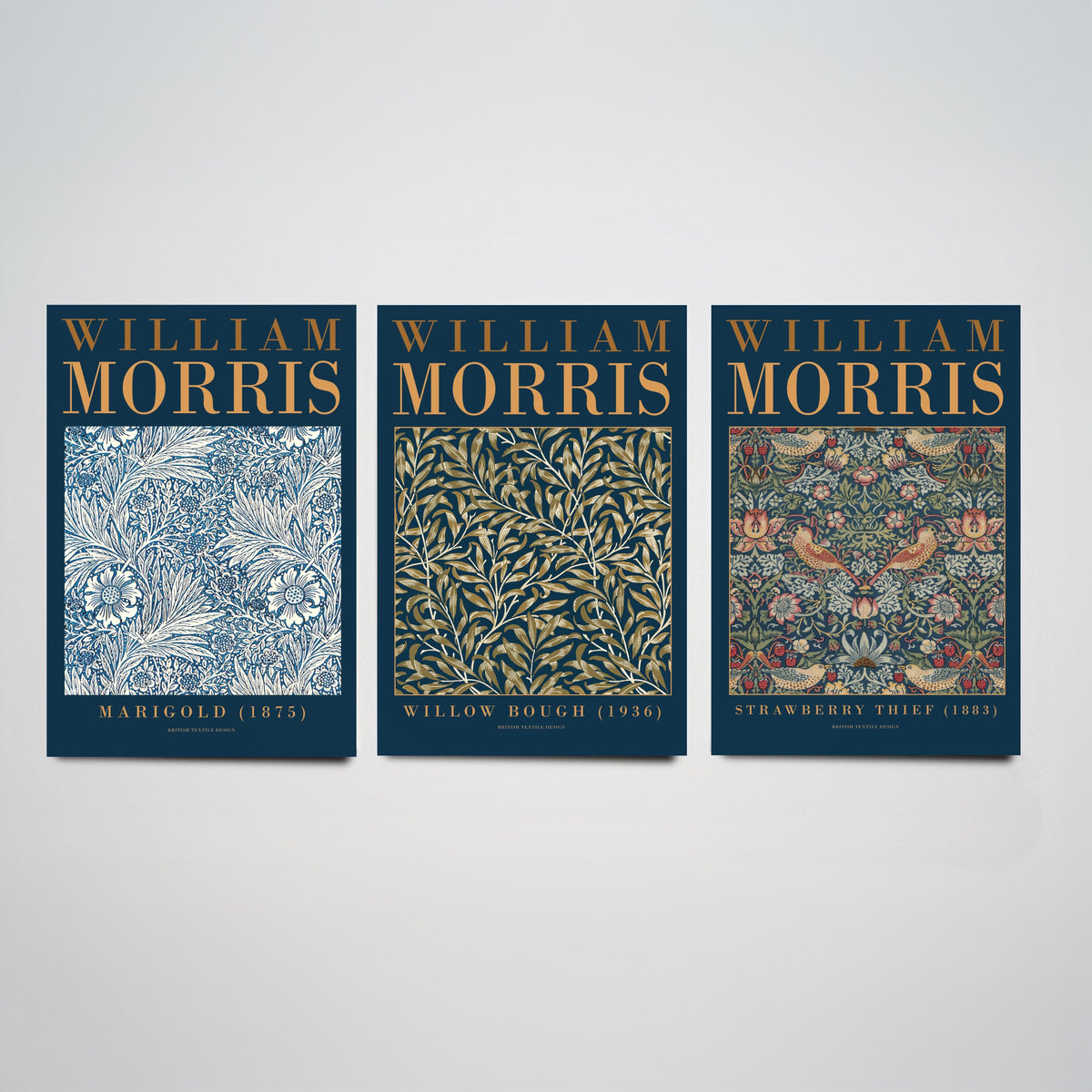 William Morris Willow Bough Set of Three Art Prints - Marigold, Strawberry Thief - Botanical Leaf Pattern Poster Illustration