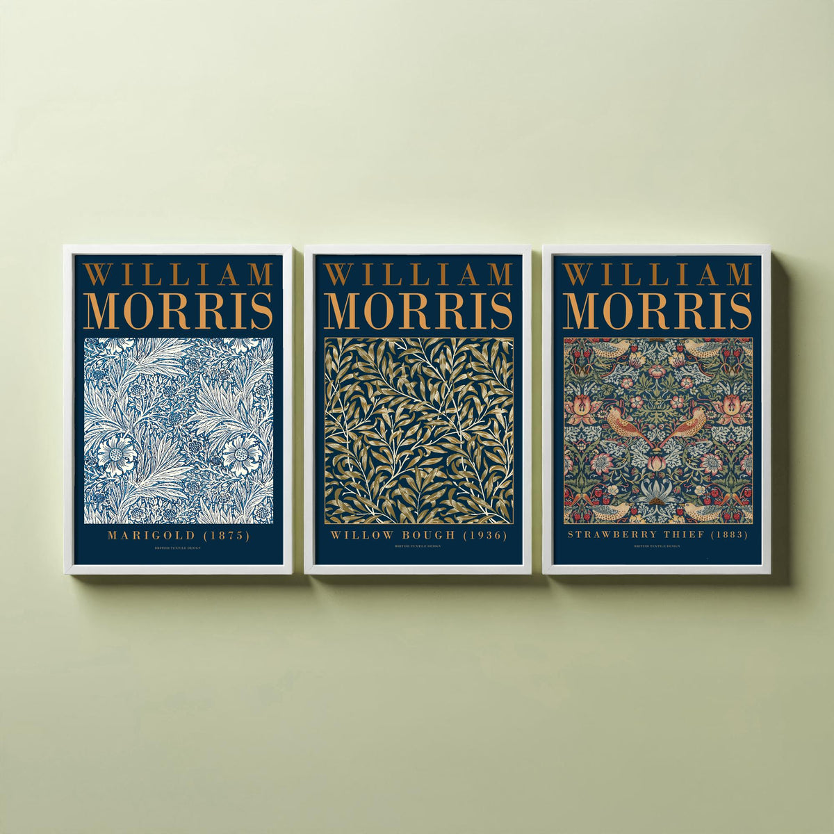 William Morris Willow Bough Set of Three Art Prints - Marigold, Strawberry Thief - Botanical Leaf Pattern Poster Illustration