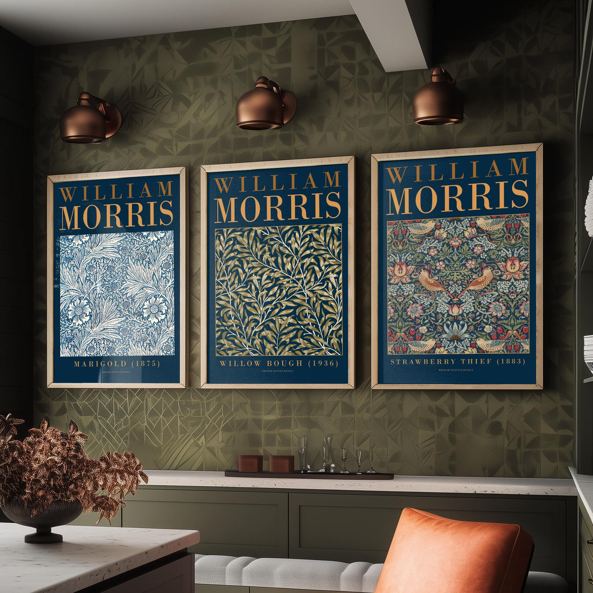 William Morris Willow Bough Set of Three Art Prints - Marigold, Strawberry Thief - Botanical Leaf Pattern Poster Illustration