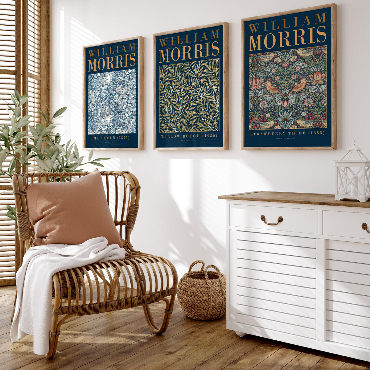 William Morris Willow Bough Set of Three Art Prints - Marigold, Strawberry Thief - Botanical Leaf Pattern Poster Illustration