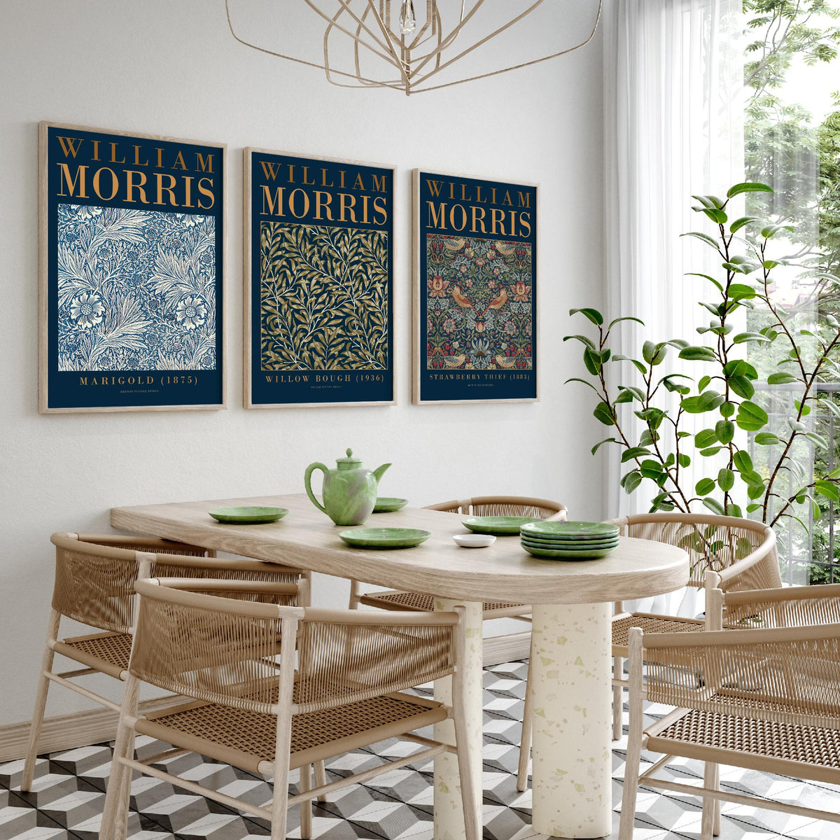 William Morris Willow Bough Set of Three Art Prints - Marigold, Strawberry Thief - Botanical Leaf Pattern Poster Illustration
