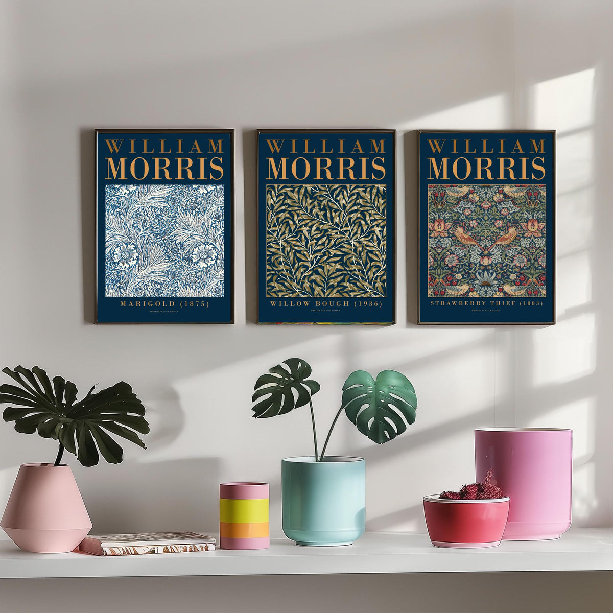 William Morris Willow Bough Set of Three Art Prints - Marigold, Strawberry Thief - Botanical Leaf Pattern Poster Illustration