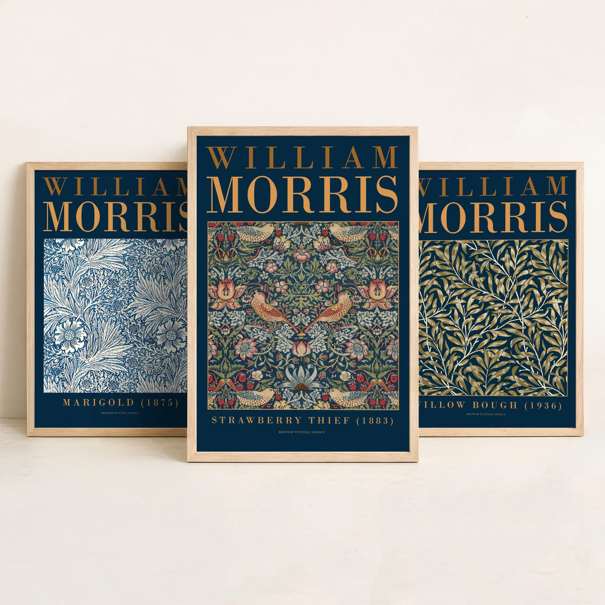 William Morris Willow Bough Set of Three Art Prints - Marigold, Strawberry Thief - Botanical Leaf Pattern Poster Illustration