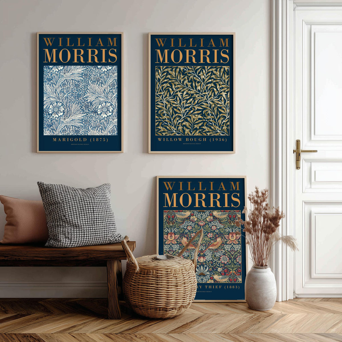 William Morris Willow Bough Set of Three Art Prints - Marigold, Strawberry Thief - Botanical Leaf Pattern Poster Illustration