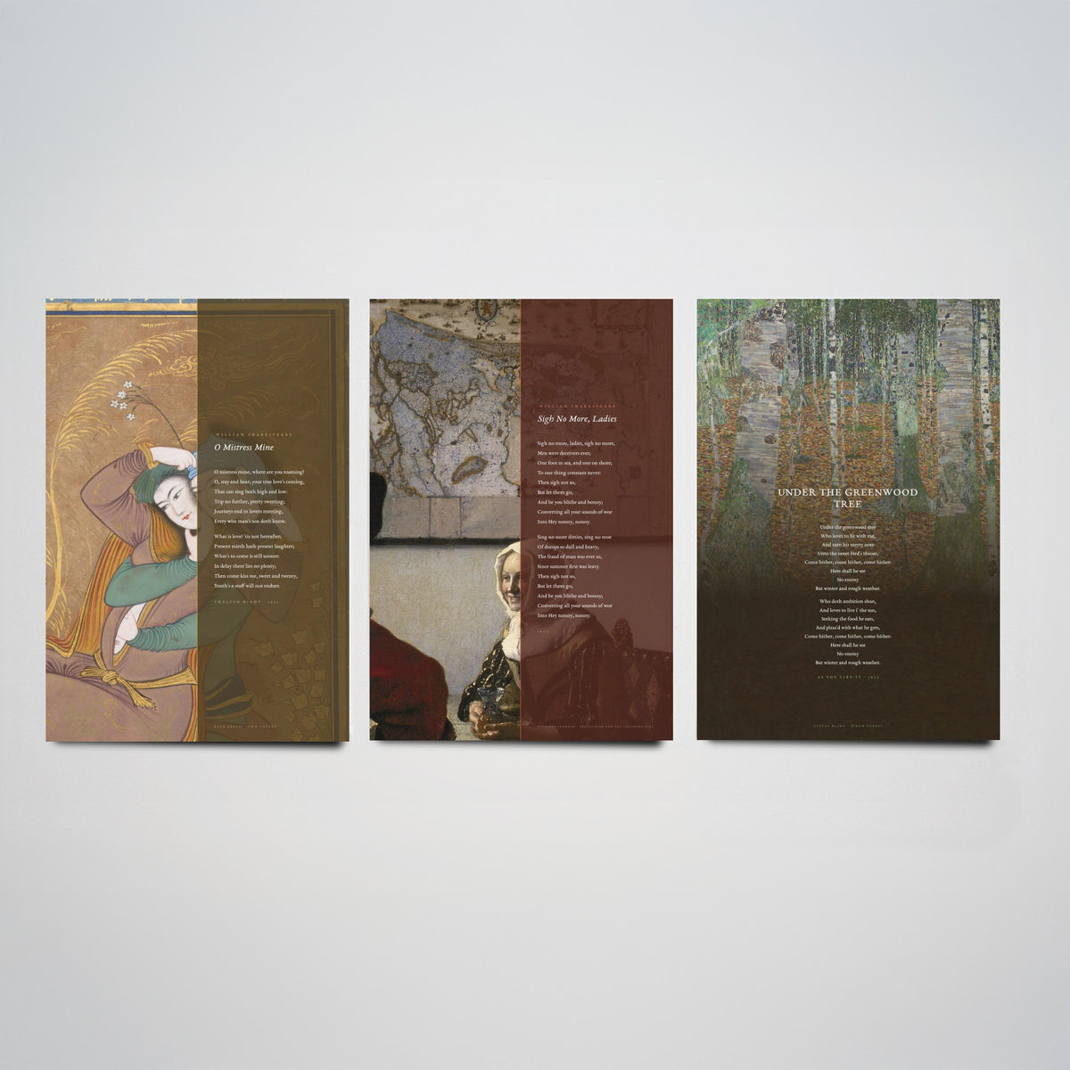 Shakespeare Songs Set of Three Art Prints - O Mistress Mine, Sigh No More Ladies, Under the Greenwood Tree - Painting Poster Triptych V1