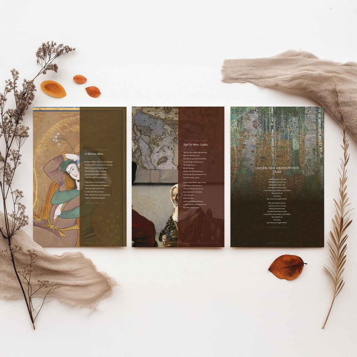 Shakespeare Songs Set of Three Art Prints - O Mistress Mine, Sigh No More Ladies, Under the Greenwood Tree - Painting Poster Triptych V1