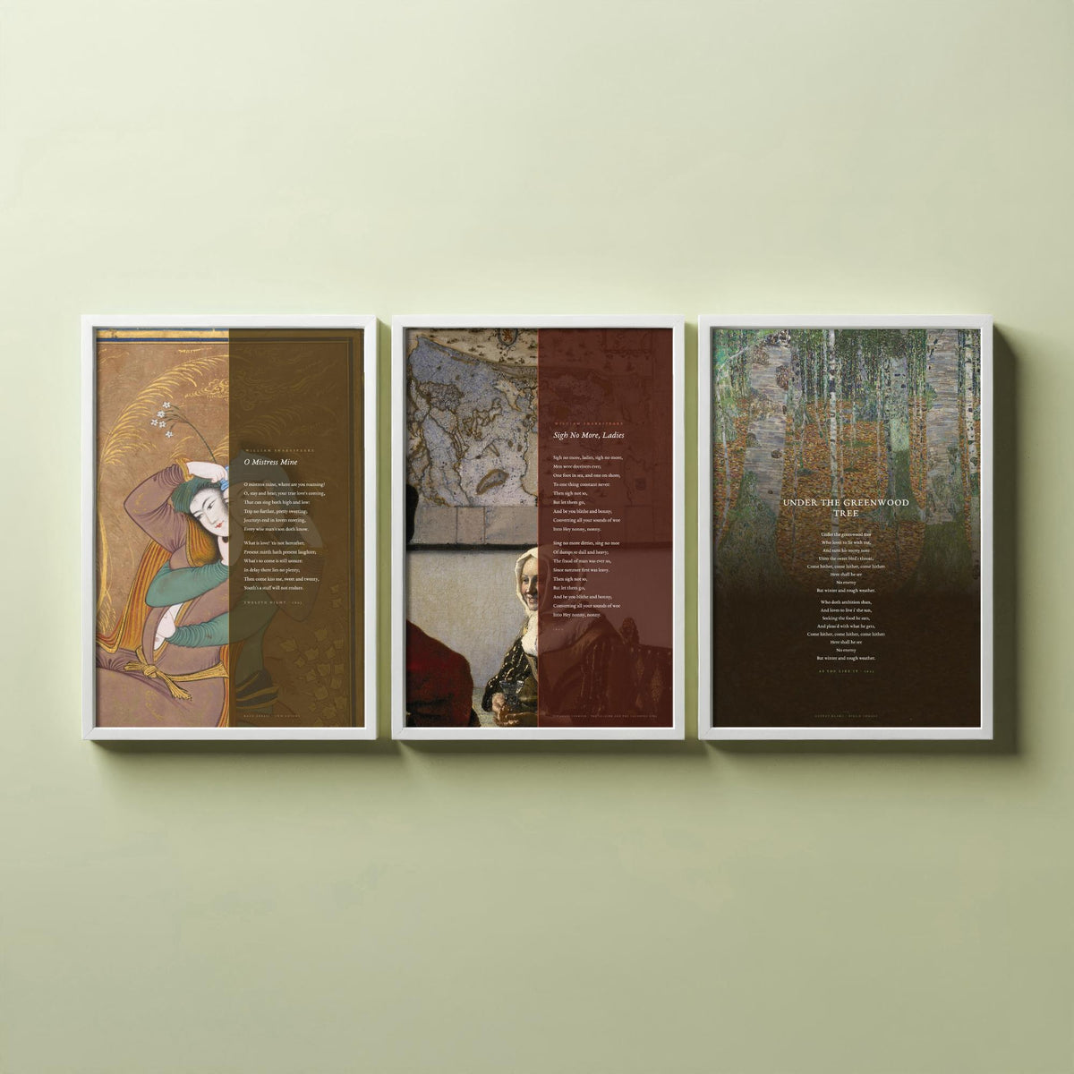 Shakespeare Songs Set of Three Art Prints - O Mistress Mine, Sigh No More Ladies, Under the Greenwood Tree - Painting Poster Triptych V1