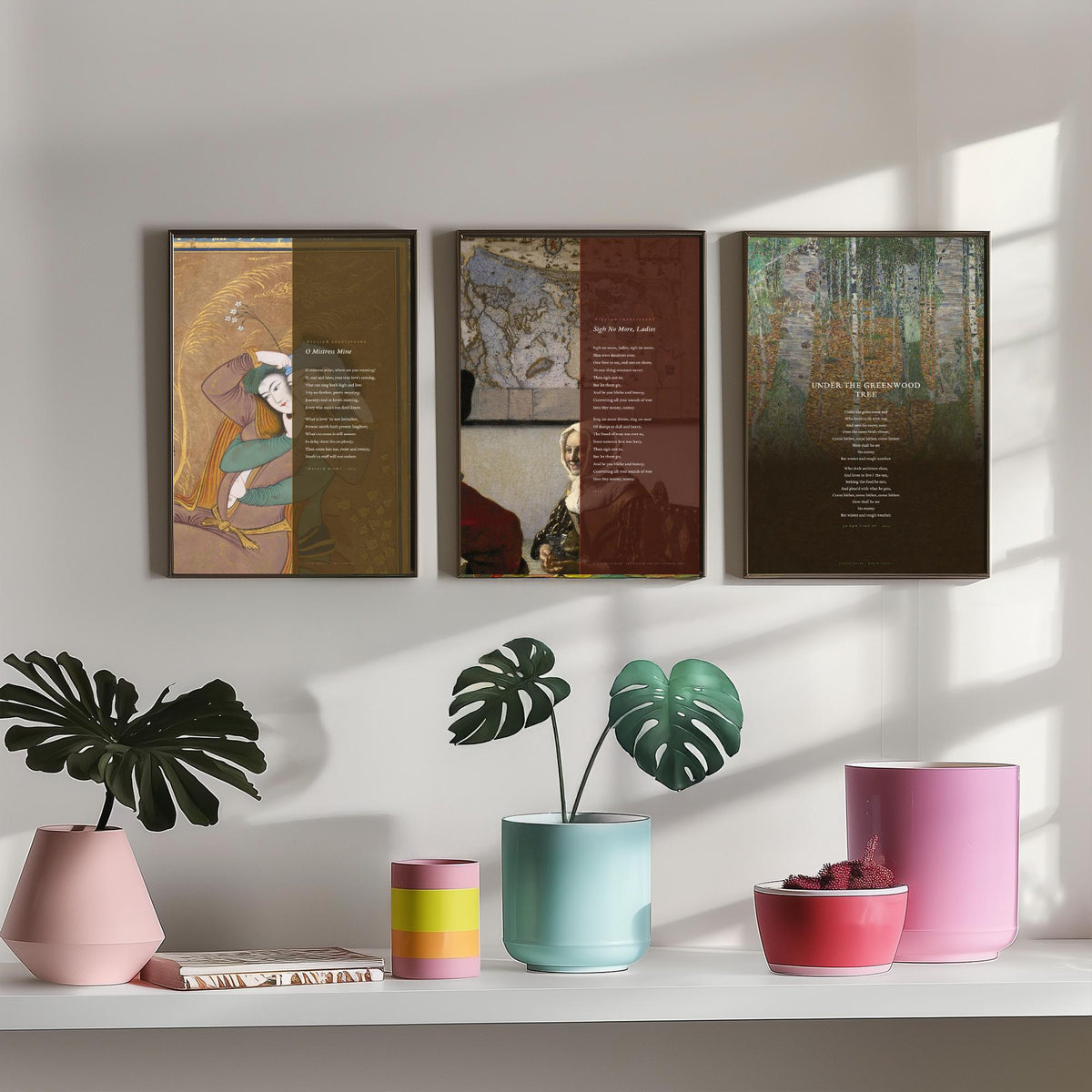 Shakespeare Songs Set of Three Art Prints - O Mistress Mine, Sigh No More Ladies, Under the Greenwood Tree - Painting Poster Triptych V1