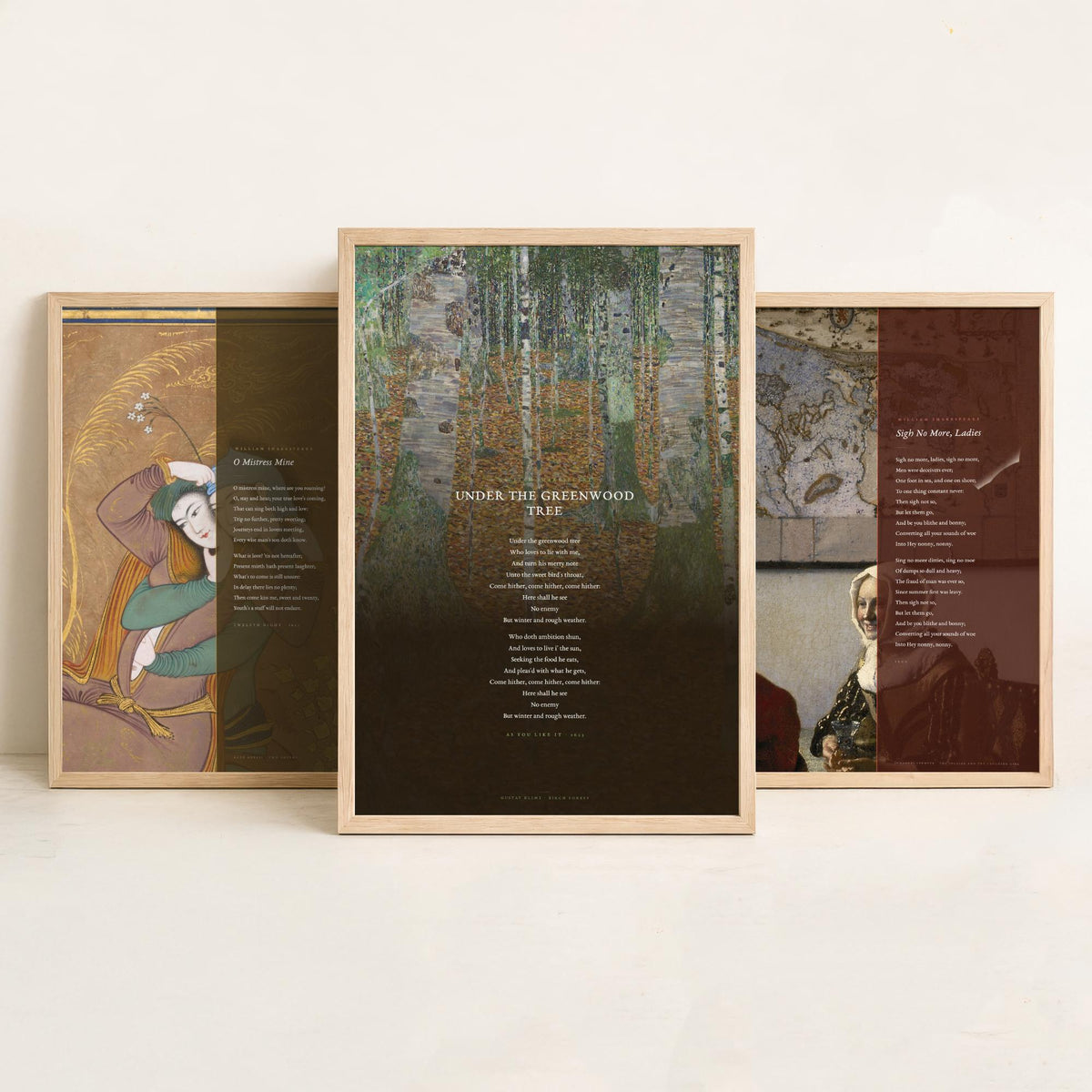Shakespeare Songs Set of Three Art Prints - O Mistress Mine, Sigh No More Ladies, Under the Greenwood Tree - Painting Poster Triptych V1