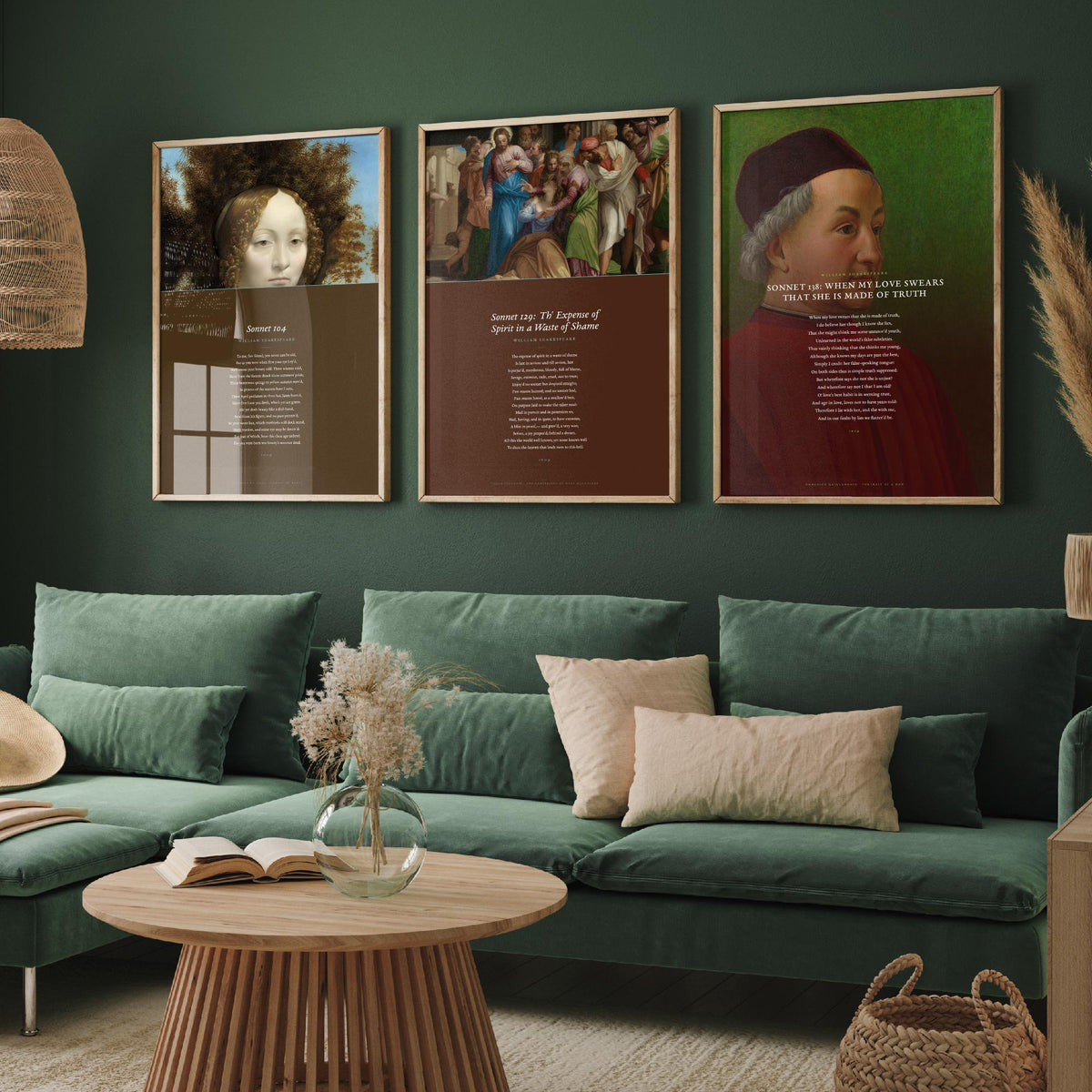 Shakespeare Sonnets 104 129 and 138 Set of Three Art Prints - Full Sonnets over Old Master Paintings - Renaissance Poster Triptych V3