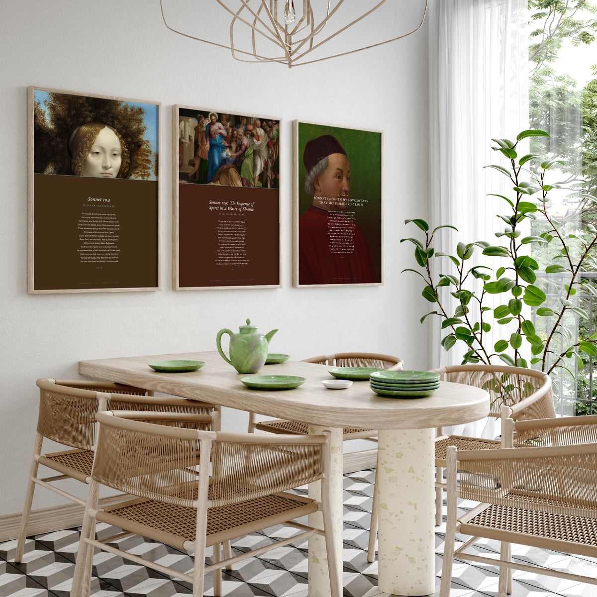 Shakespeare Sonnets 104 129 and 138 Set of Three Art Prints - Full Sonnets over Old Master Paintings - Renaissance Poster Triptych V3