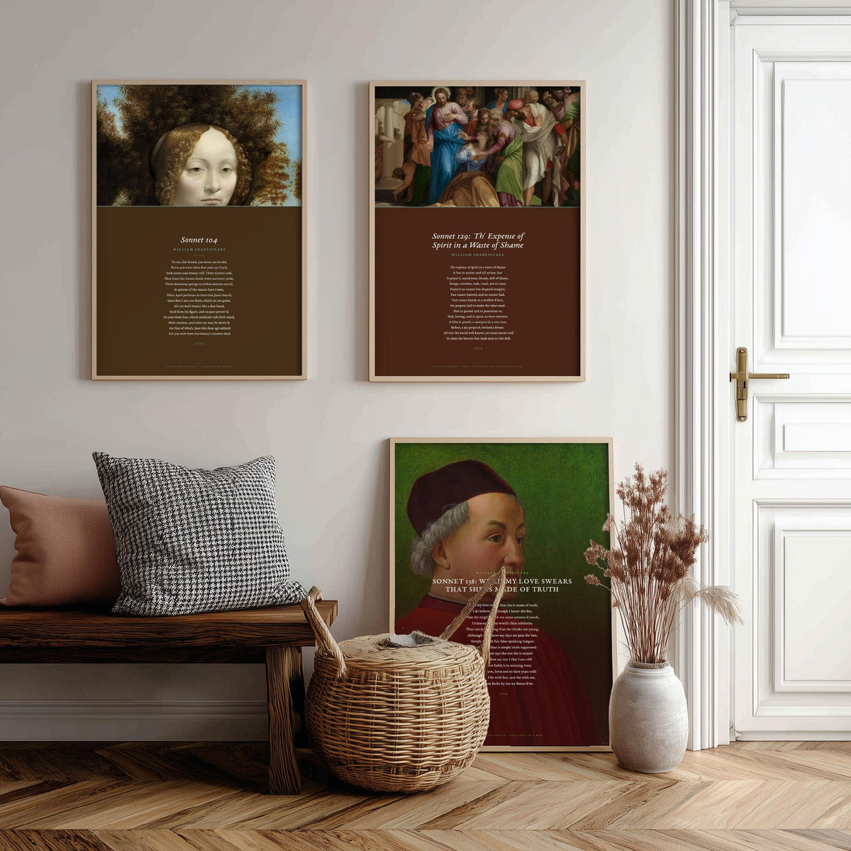 Shakespeare Sonnets 104 129 and 138 Set of Three Art Prints - Full Sonnets over Old Master Paintings - Renaissance Poster Triptych V3