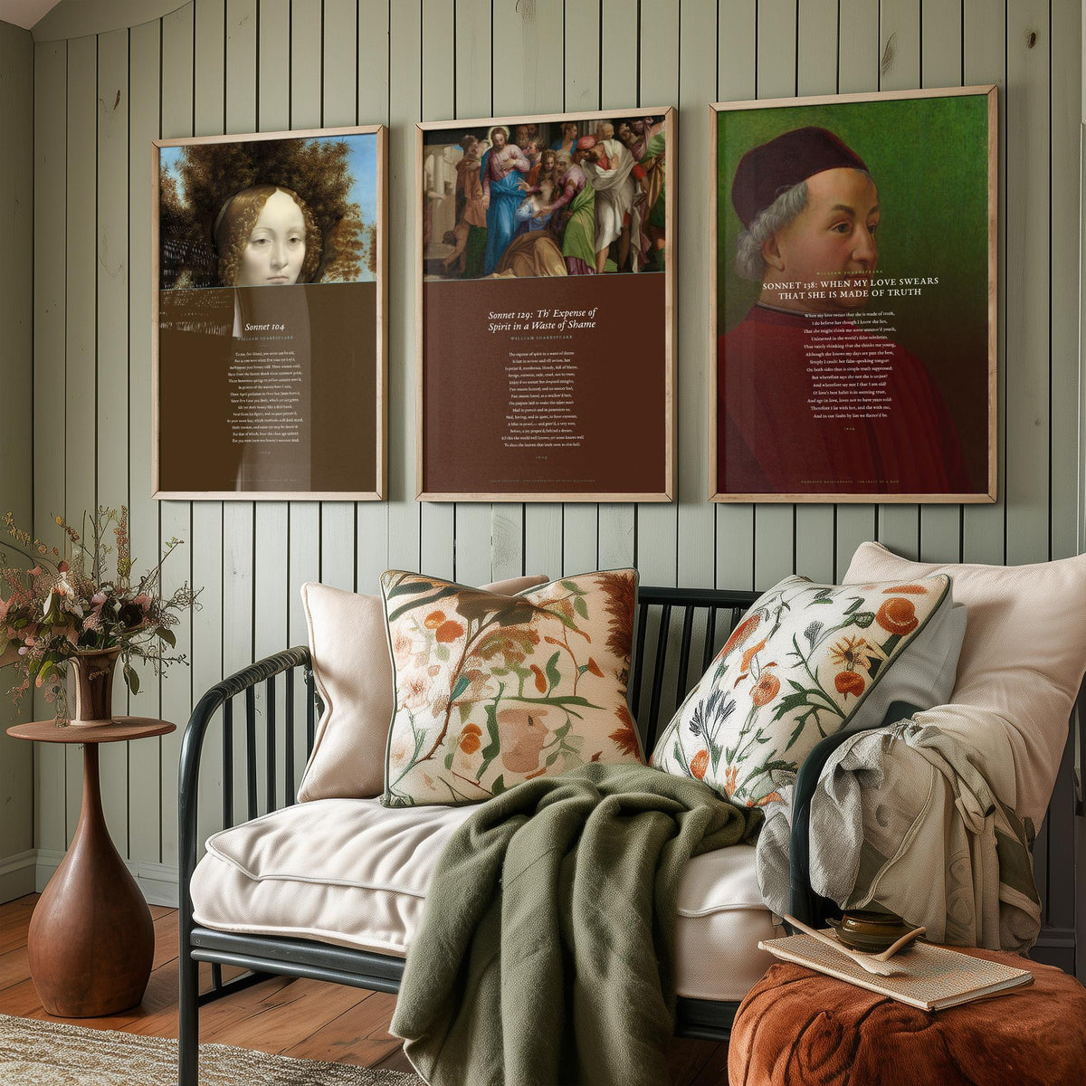 Shakespeare Sonnets 104 129 and 138 Set of Three Art Prints - Full Sonnets over Old Master Paintings - Renaissance Poster Triptych V3