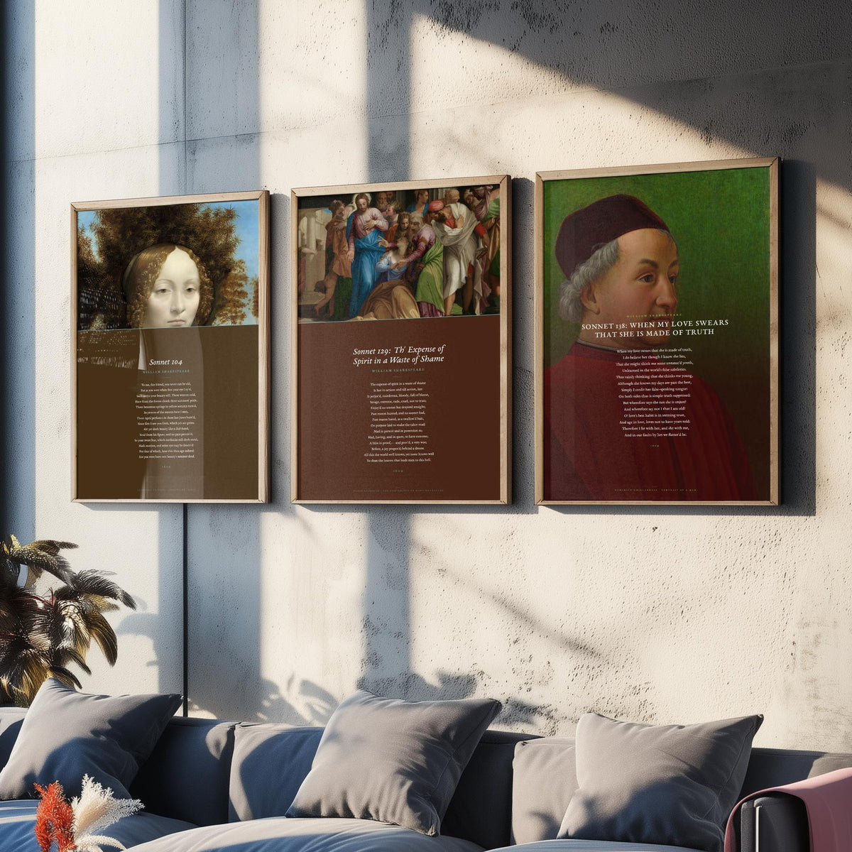 Shakespeare Sonnets 104 129 and 138 Set of Three Art Prints - Full Sonnets over Old Master Paintings - Renaissance Poster Triptych V3