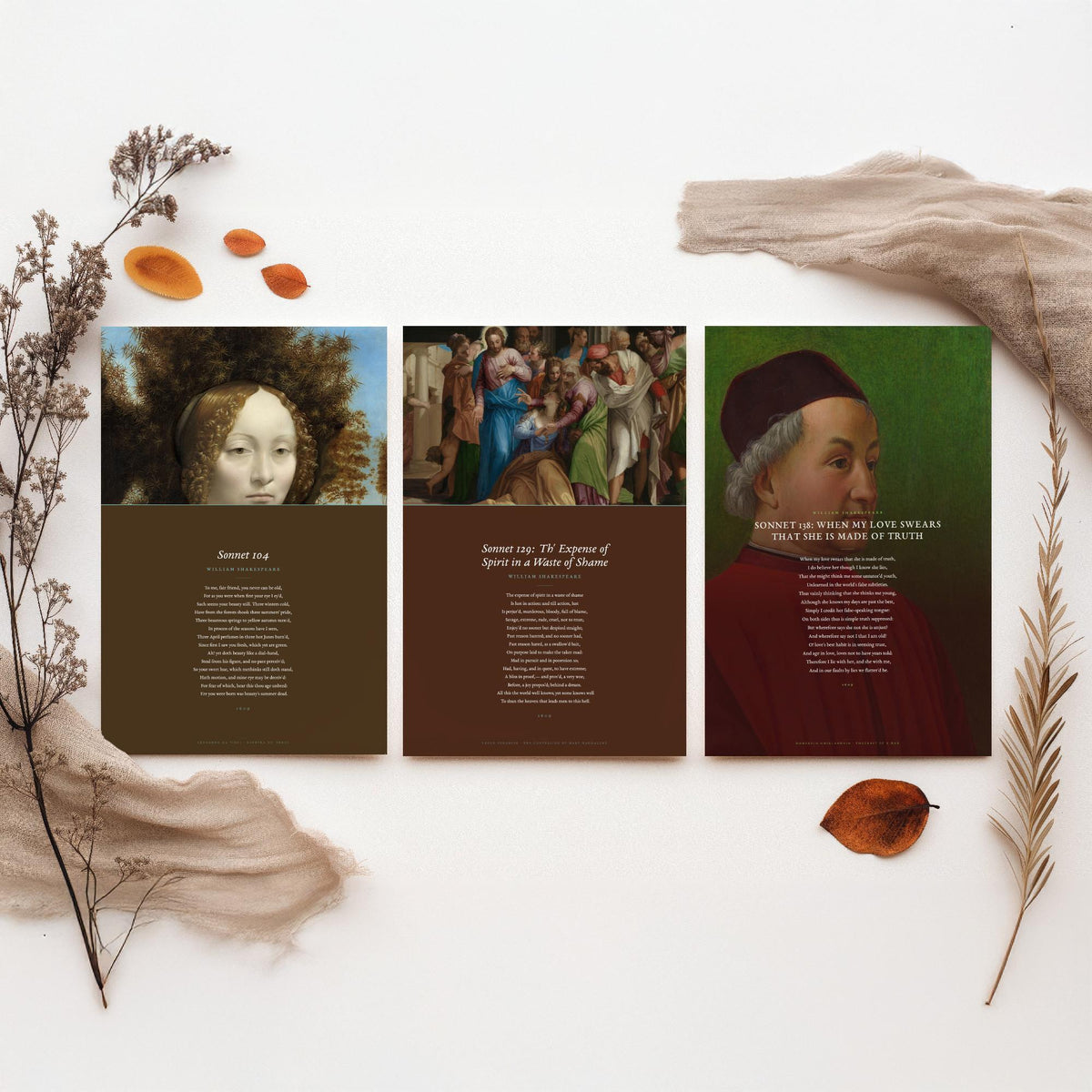 Shakespeare Sonnets 104 129 and 138 Set of Three Art Prints - Full Sonnets over Old Master Paintings - Renaissance Poster Triptych V3