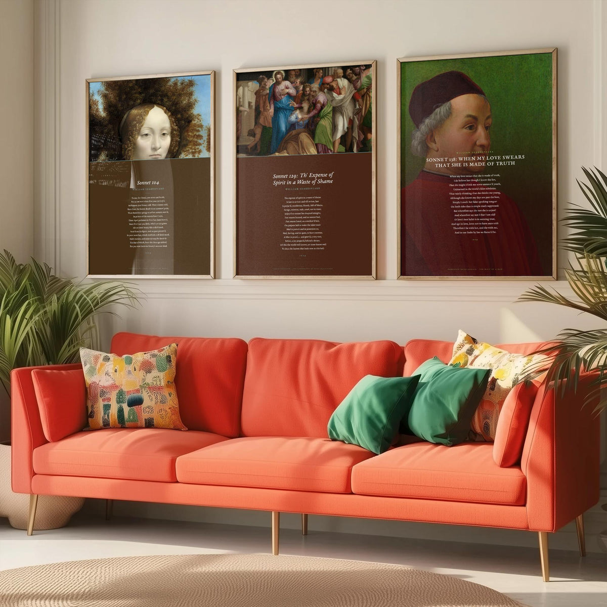 Shakespeare Sonnets 104 129 and 138 Set of Three Art Prints - Full Sonnets over Old Master Paintings - Renaissance Poster Triptych V3