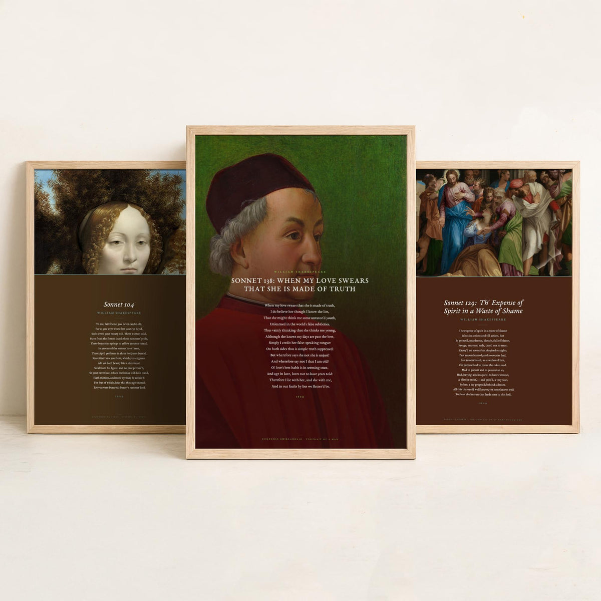 Shakespeare Sonnets 104 129 and 138 Set of Three Art Prints - Full Sonnets over Old Master Paintings - Renaissance Poster Triptych V3
