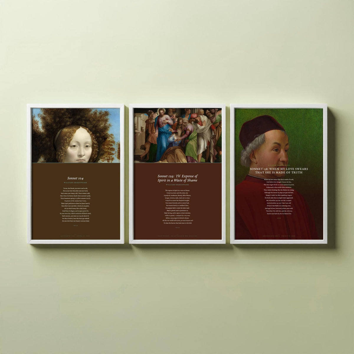 Shakespeare Sonnets 104 129 and 138 Set of Three Art Prints - Full Sonnets over Old Master Paintings - Renaissance Poster Triptych V3