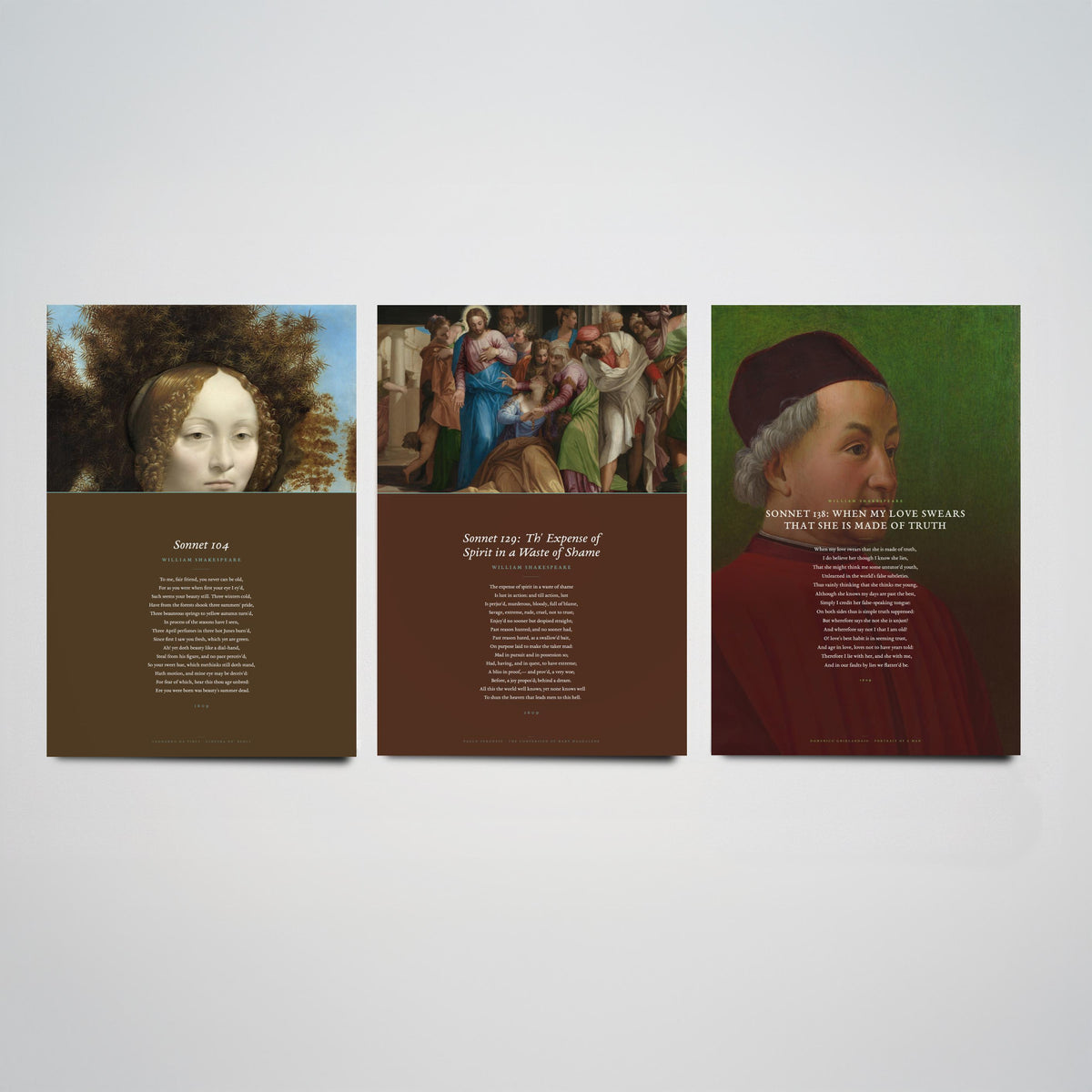 Shakespeare Sonnets 104 129 and 138 Set of Three Art Prints - Full Sonnets over Old Master Paintings - Renaissance Poster Triptych V3