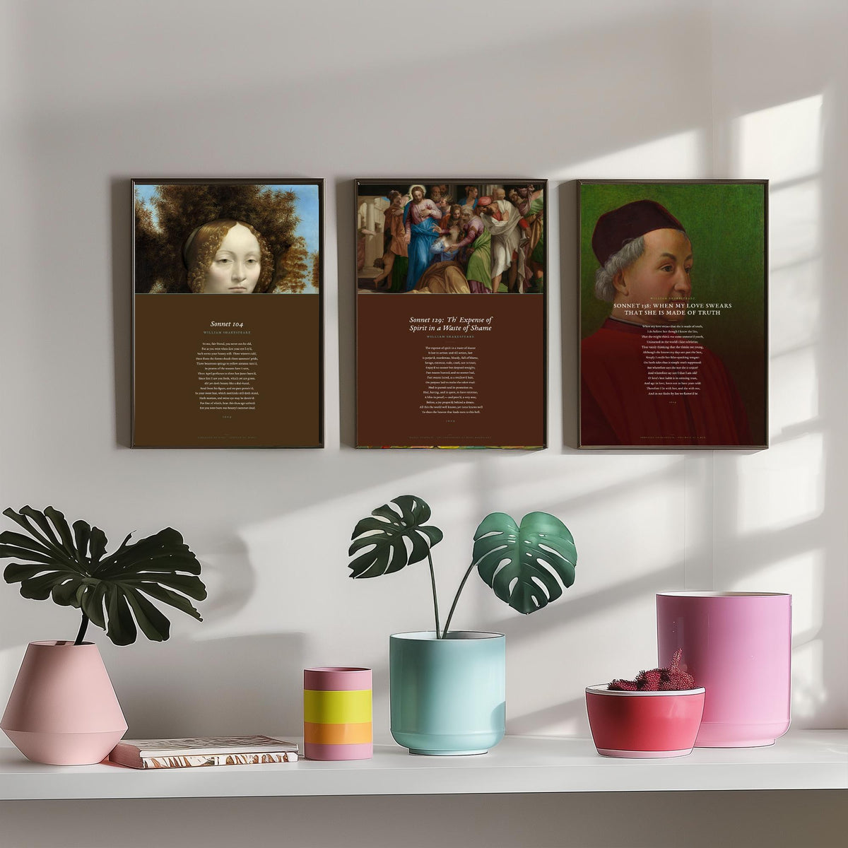Shakespeare Sonnets 104 129 and 138 Set of Three Art Prints - Full Sonnets over Old Master Paintings - Renaissance Poster Triptych V3