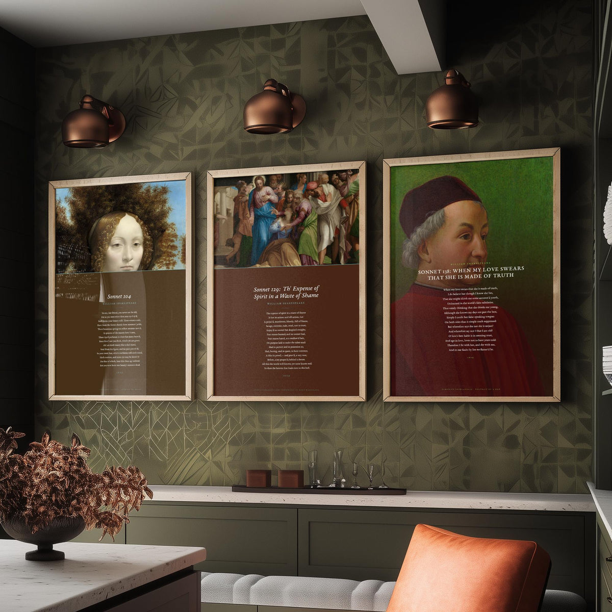 Shakespeare Sonnets 104 129 and 138 Set of Three Art Prints - Full Sonnets over Old Master Paintings - Renaissance Poster Triptych V3