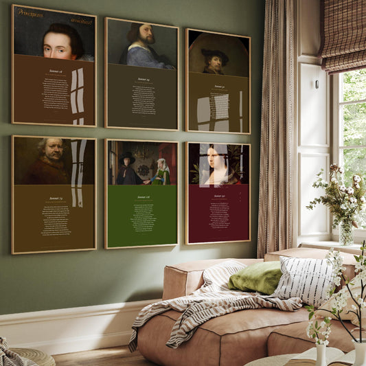 Set of Six William Shakespeare Sonnets Art Prints - Sonnet 18, 29, 30, 73, 116, 130 - Full Poems with Portrait Paintings - Poetry Posters