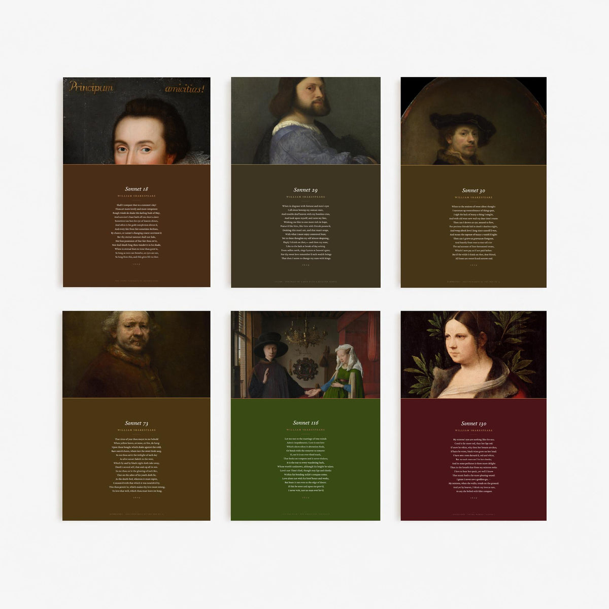 Set of Six William Shakespeare Sonnets Art Prints - Sonnet 18, 29, 30, 73, 116, 130 - Full Poems with Portrait Paintings - Poetry Posters