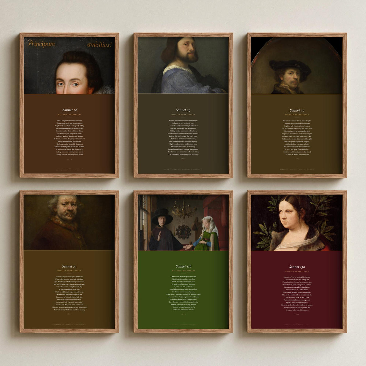 Set of Six William Shakespeare Sonnets Art Prints - Sonnet 18, 29, 30, 73, 116, 130 - Full Poems with Portrait Paintings - Poetry Posters