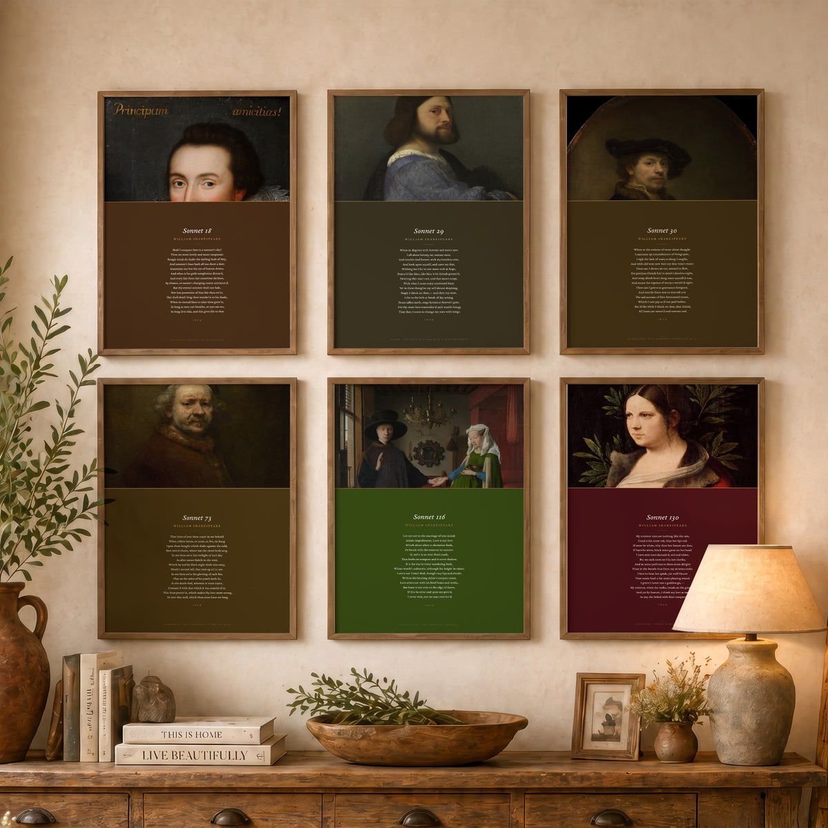 Set of Six William Shakespeare Sonnets Art Prints - Sonnet 18, 29, 30, 73, 116, 130 - Full Poems with Portrait Paintings - Poetry Posters