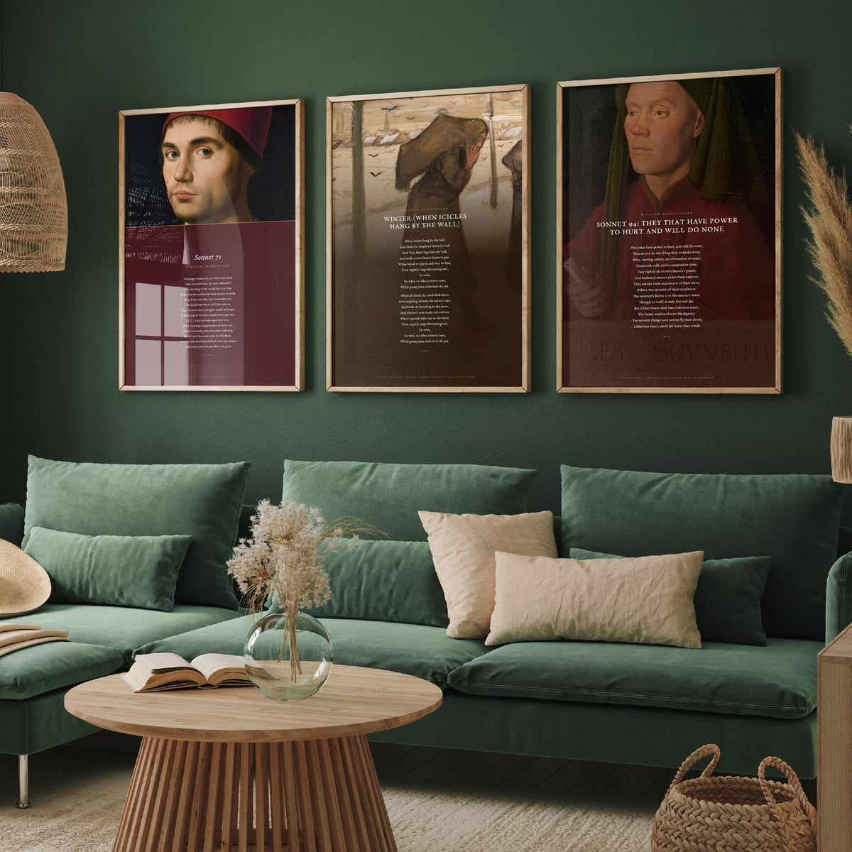 Shakespeare Sonnets 71 and 94 with Winter Set of Three Art Prints - Poems over Old Master Paintings - Mourning and Frost Poster Triptych V4