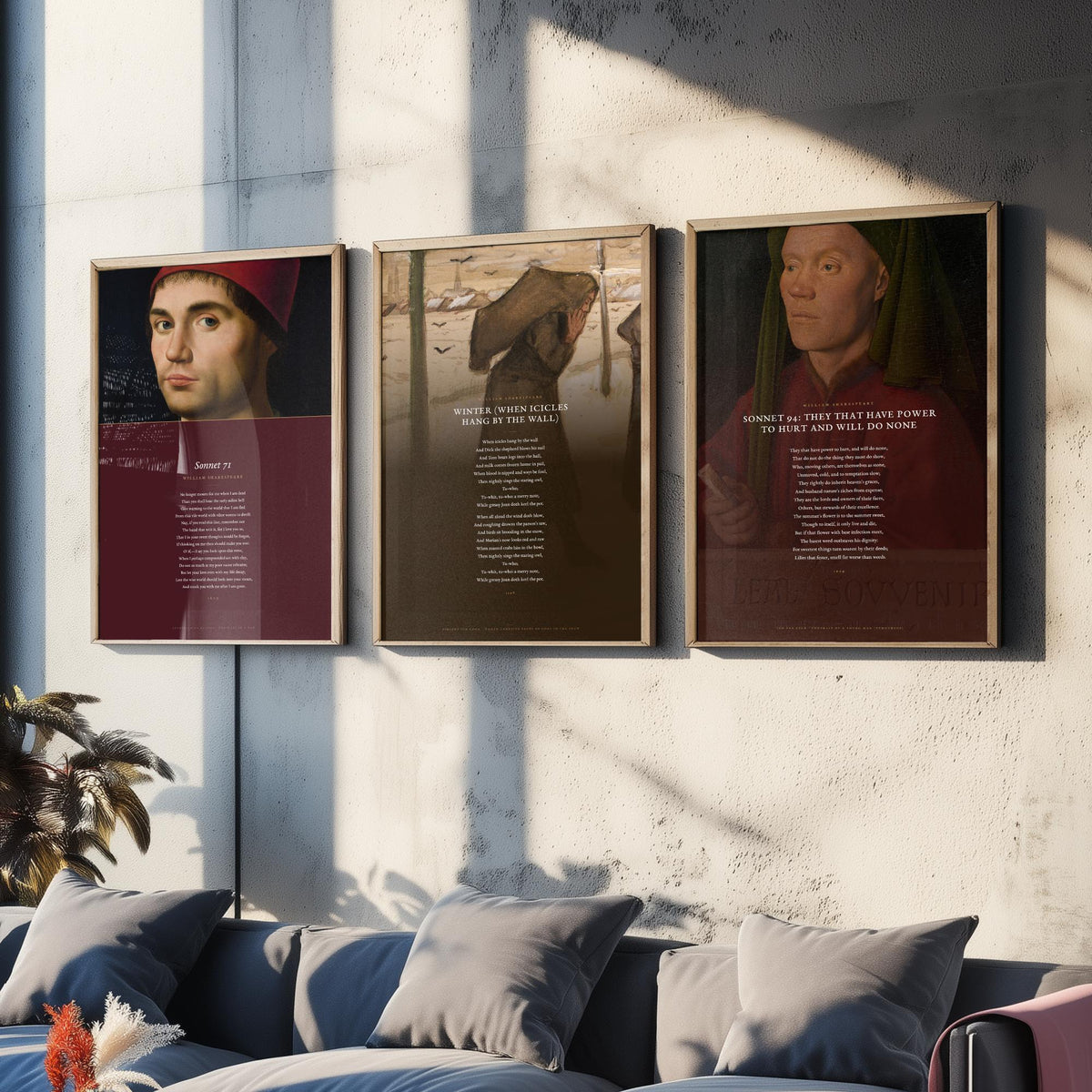 Shakespeare Sonnets 71 and 94 with Winter Set of Three Art Prints - Poems over Old Master Paintings - Mourning and Frost Poster Triptych V4