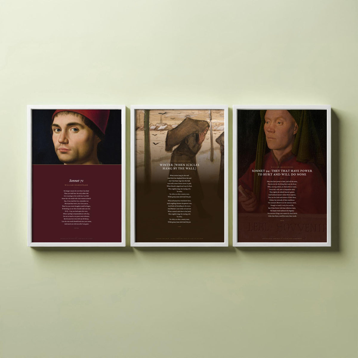 Shakespeare Sonnets 71 and 94 with Winter Set of Three Art Prints - Poems over Old Master Paintings - Mourning and Frost Poster Triptych V4