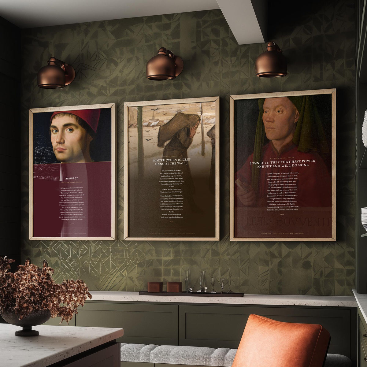 Shakespeare Sonnets 71 and 94 with Winter Set of Three Art Prints - Poems over Old Master Paintings - Mourning and Frost Poster Triptych V4