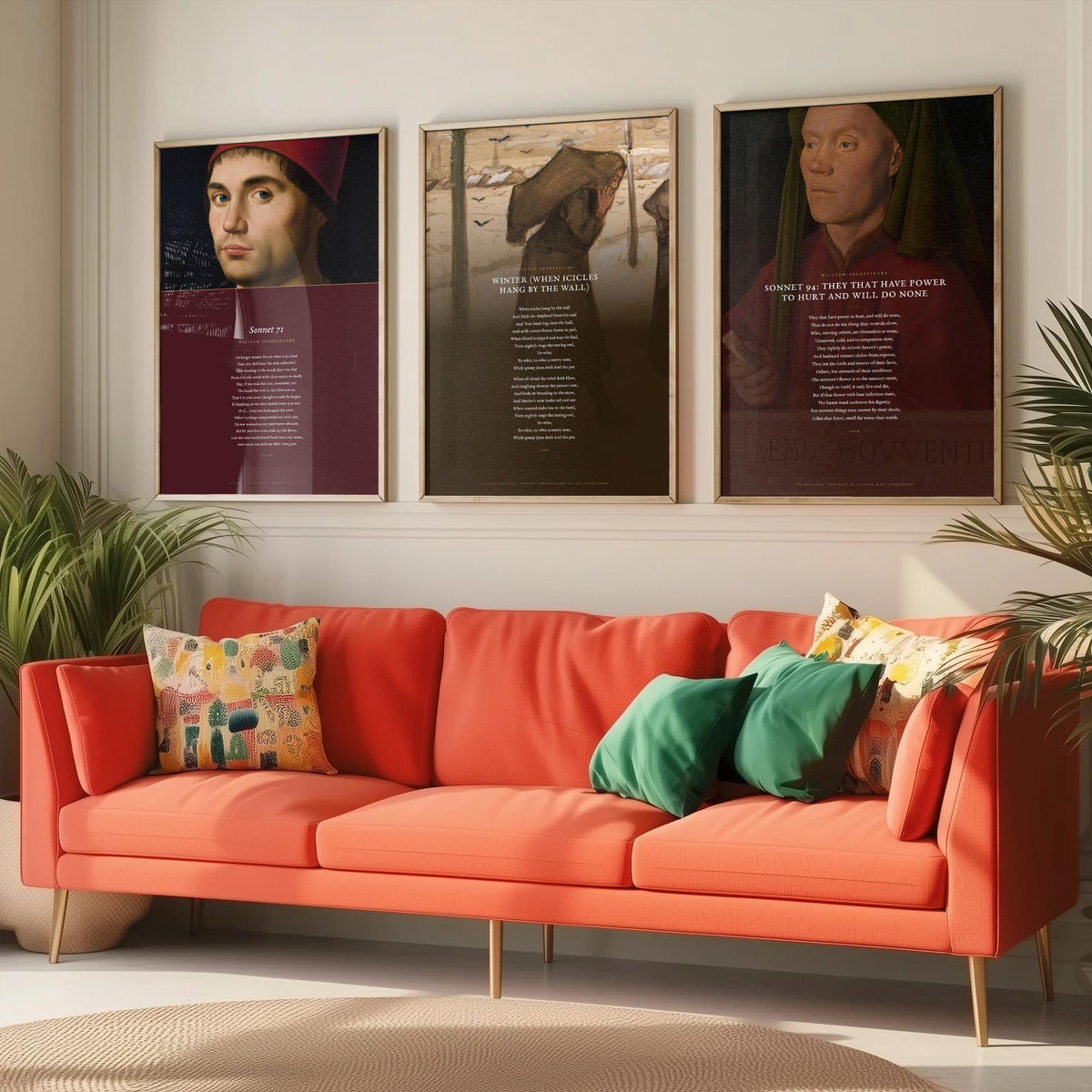 Shakespeare Sonnets 71 and 94 with Winter Set of Three Art Prints - Poems over Old Master Paintings - Mourning and Frost Poster Triptych V4