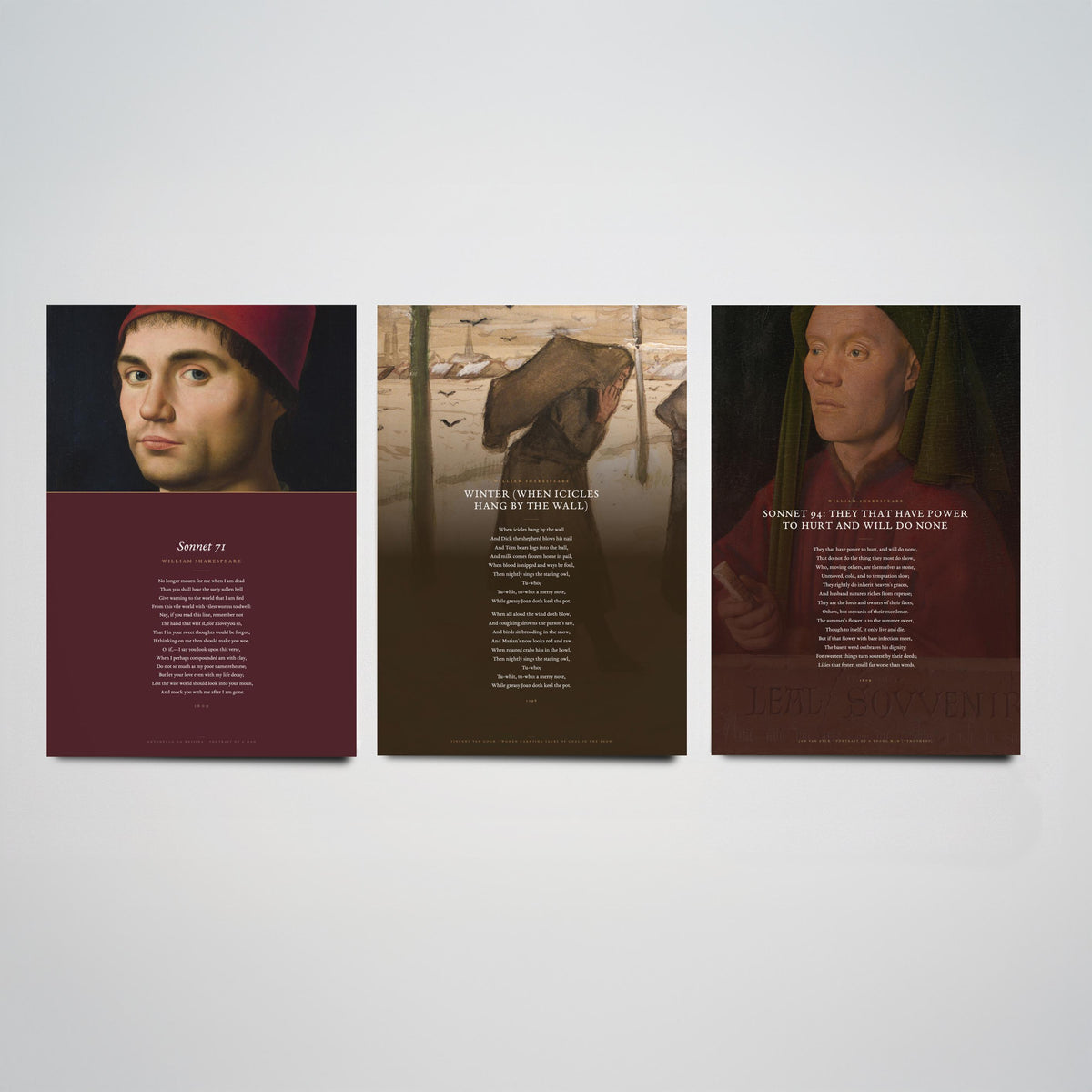 Shakespeare Sonnets 71 and 94 with Winter Set of Three Art Prints - Poems over Old Master Paintings - Mourning and Frost Poster Triptych V4
