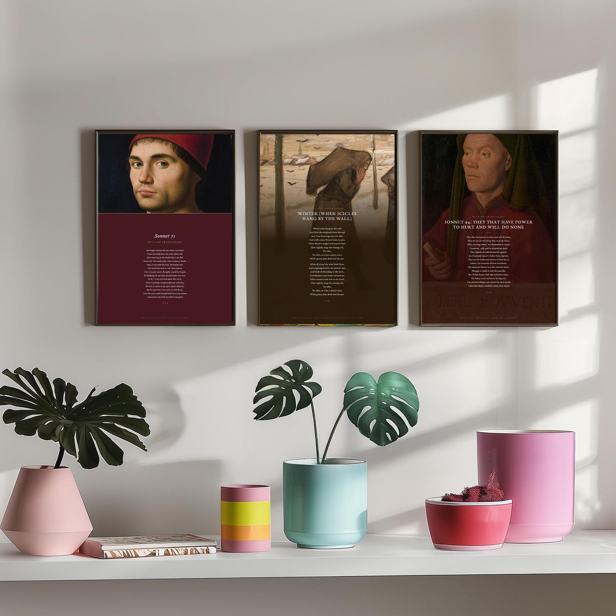 Shakespeare Sonnets 71 and 94 with Winter Set of Three Art Prints - Poems over Old Master Paintings - Mourning and Frost Poster Triptych V4