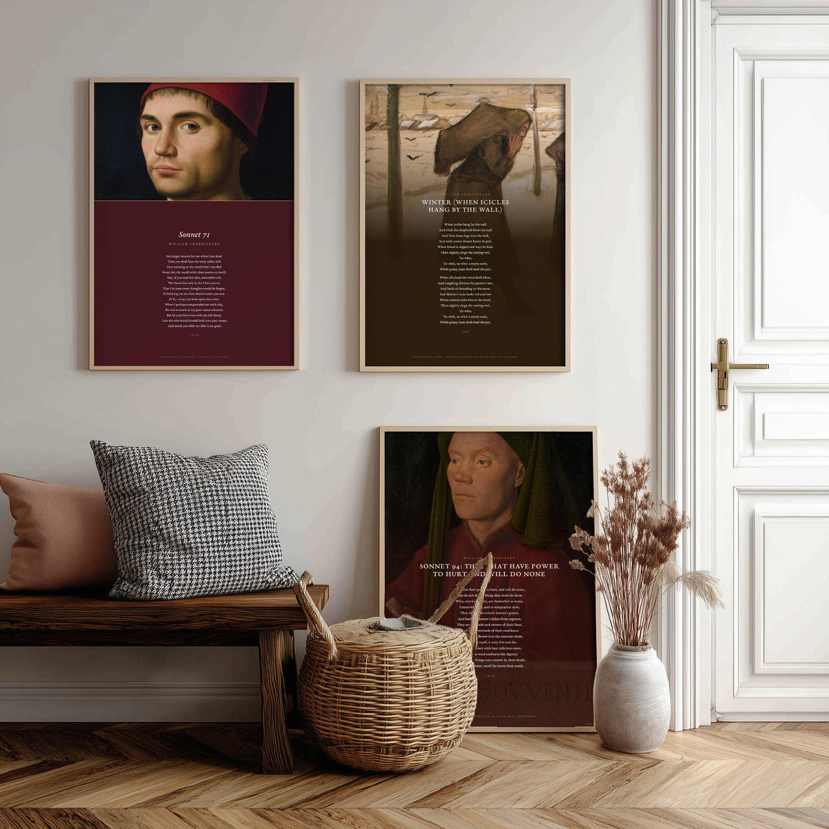 Shakespeare Sonnets 71 and 94 with Winter Set of Three Art Prints - Poems over Old Master Paintings - Mourning and Frost Poster Triptych V4