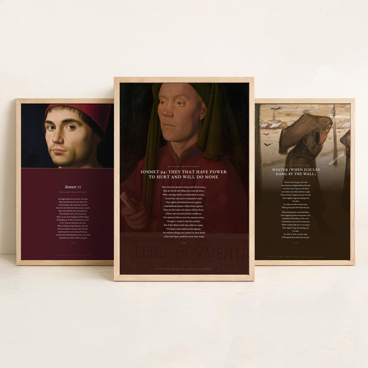 Shakespeare Sonnets 71 and 94 with Winter Set of Three Art Prints - Poems over Old Master Paintings - Mourning and Frost Poster Triptych V4