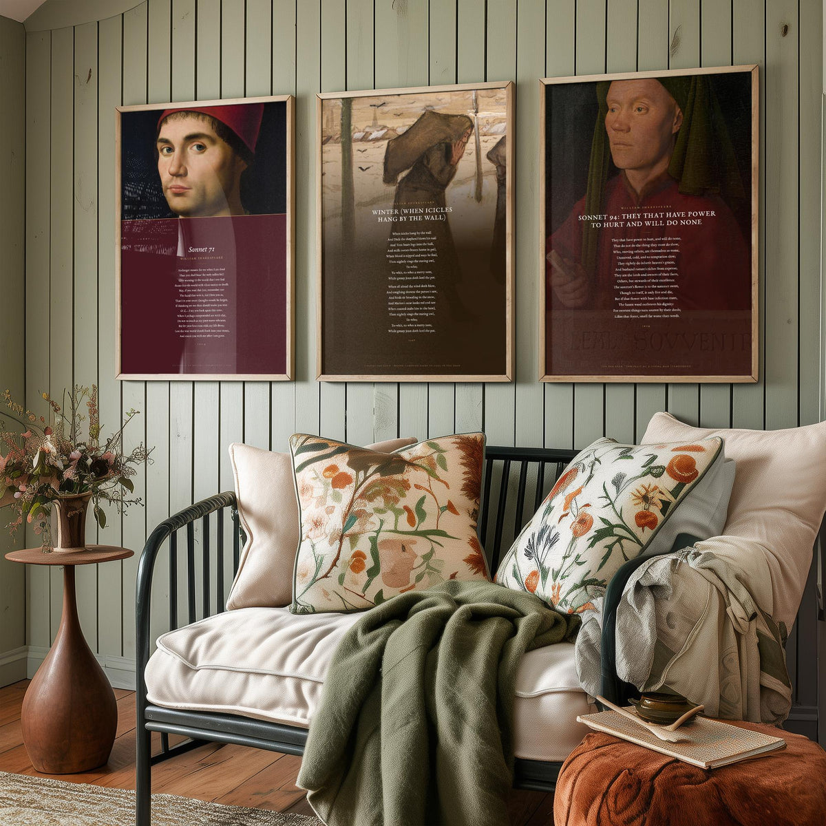 Shakespeare Sonnets 71 and 94 with Winter Set of Three Art Prints - Poems over Old Master Paintings - Mourning and Frost Poster Triptych V4