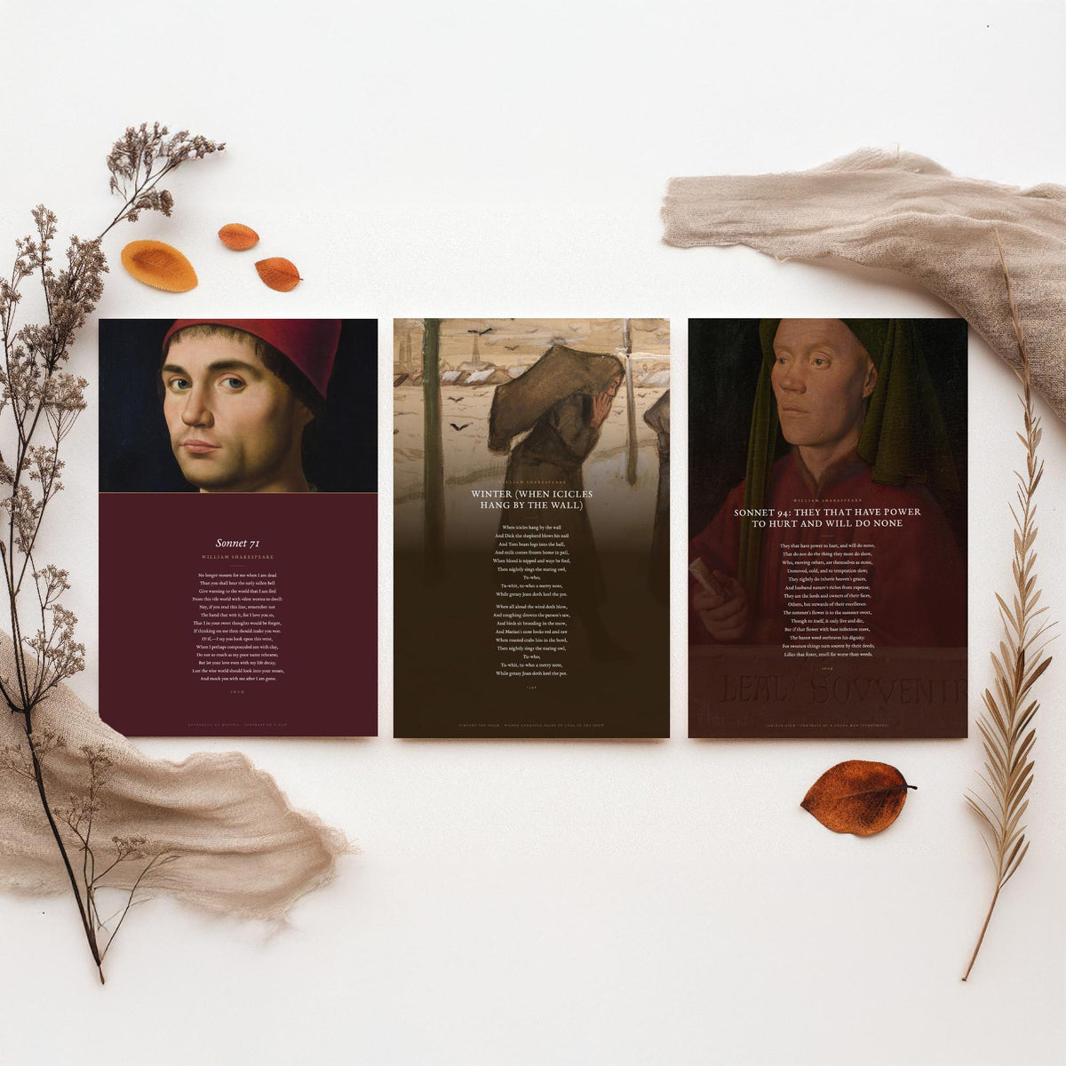 Shakespeare Sonnets 71 and 94 with Winter Set of Three Art Prints - Poems over Old Master Paintings - Mourning and Frost Poster Triptych V4