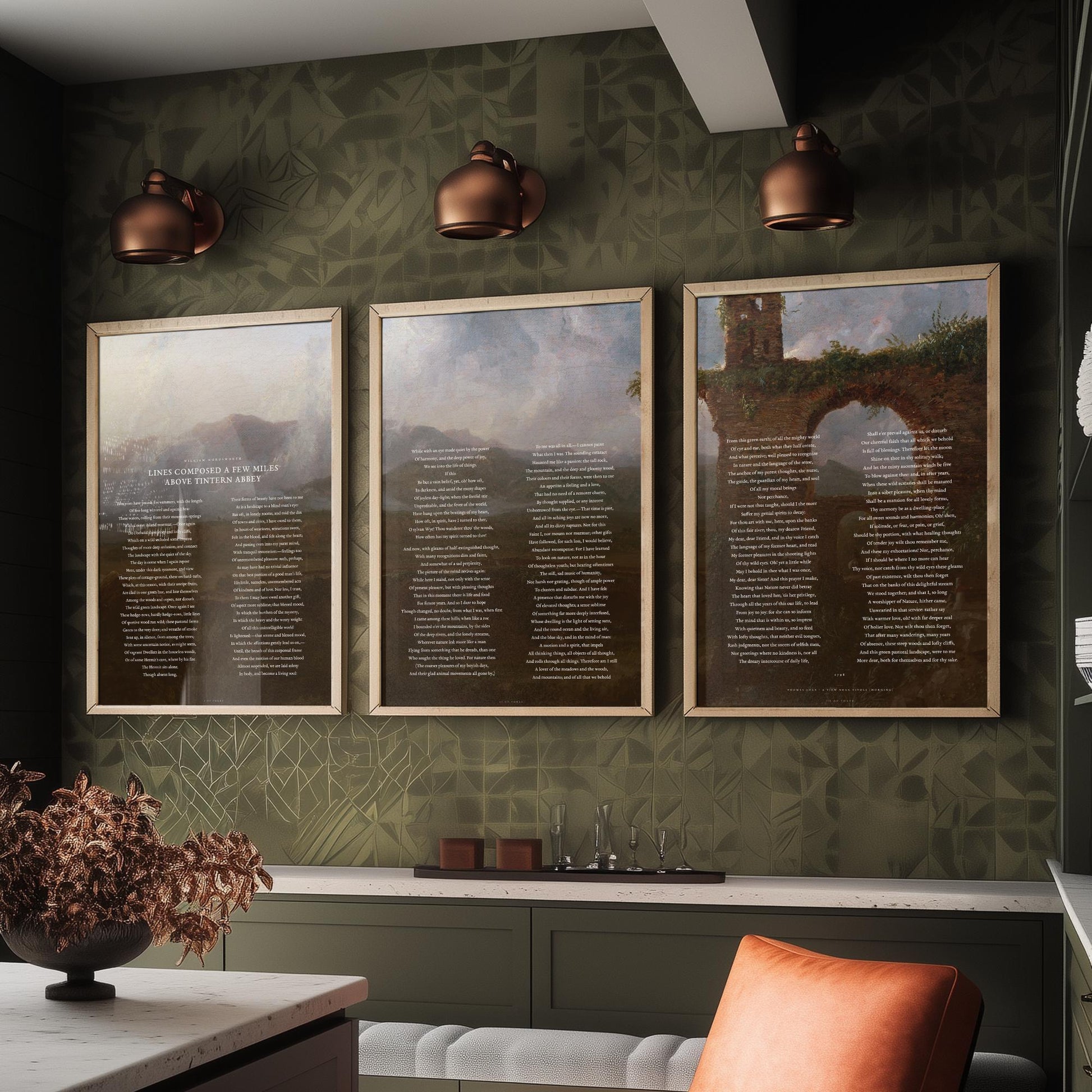 Lines Composed Above Tintern Abbey by William Wordsworth Set of Three Art Prints - Full Poem over Thomas Cole Painting - Poetry Posters
