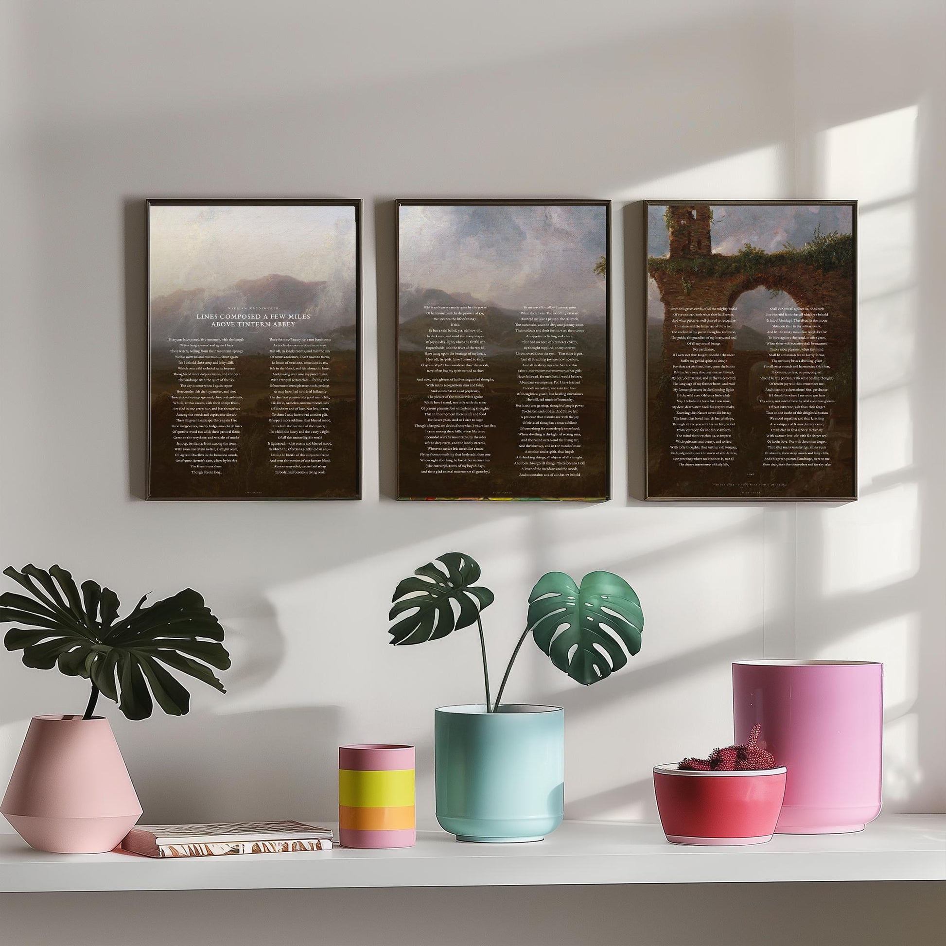Lines Composed Above Tintern Abbey by William Wordsworth Set of Three Art Prints - Full Poem over Thomas Cole Painting - Poetry Posters