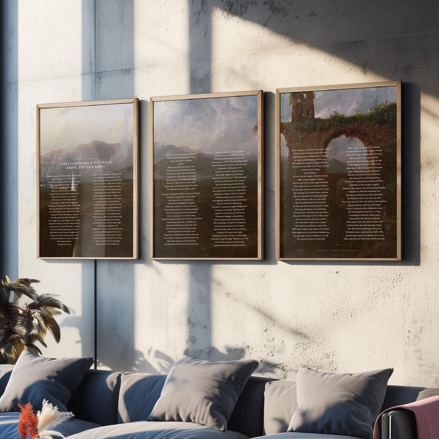 Lines Composed Above Tintern Abbey by William Wordsworth Set of Three Art Prints - Full Poem over Thomas Cole Painting - Poetry Posters