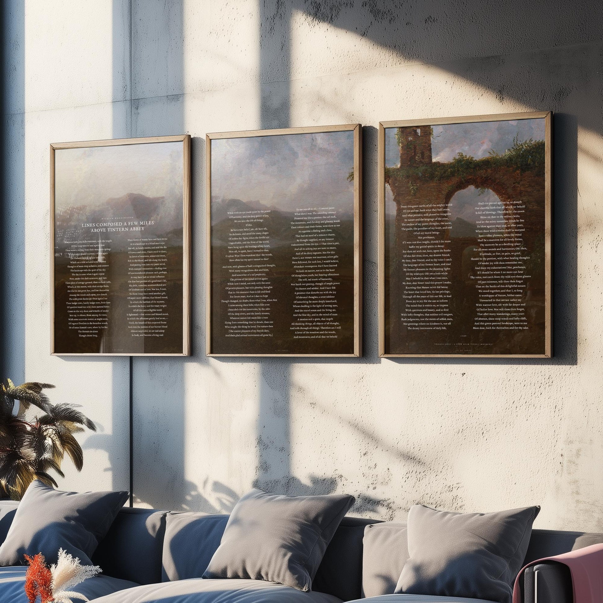 Lines Composed Above Tintern Abbey by William Wordsworth Set of Three Art Prints - Full Poem over Thomas Cole Painting - Poetry Posters
