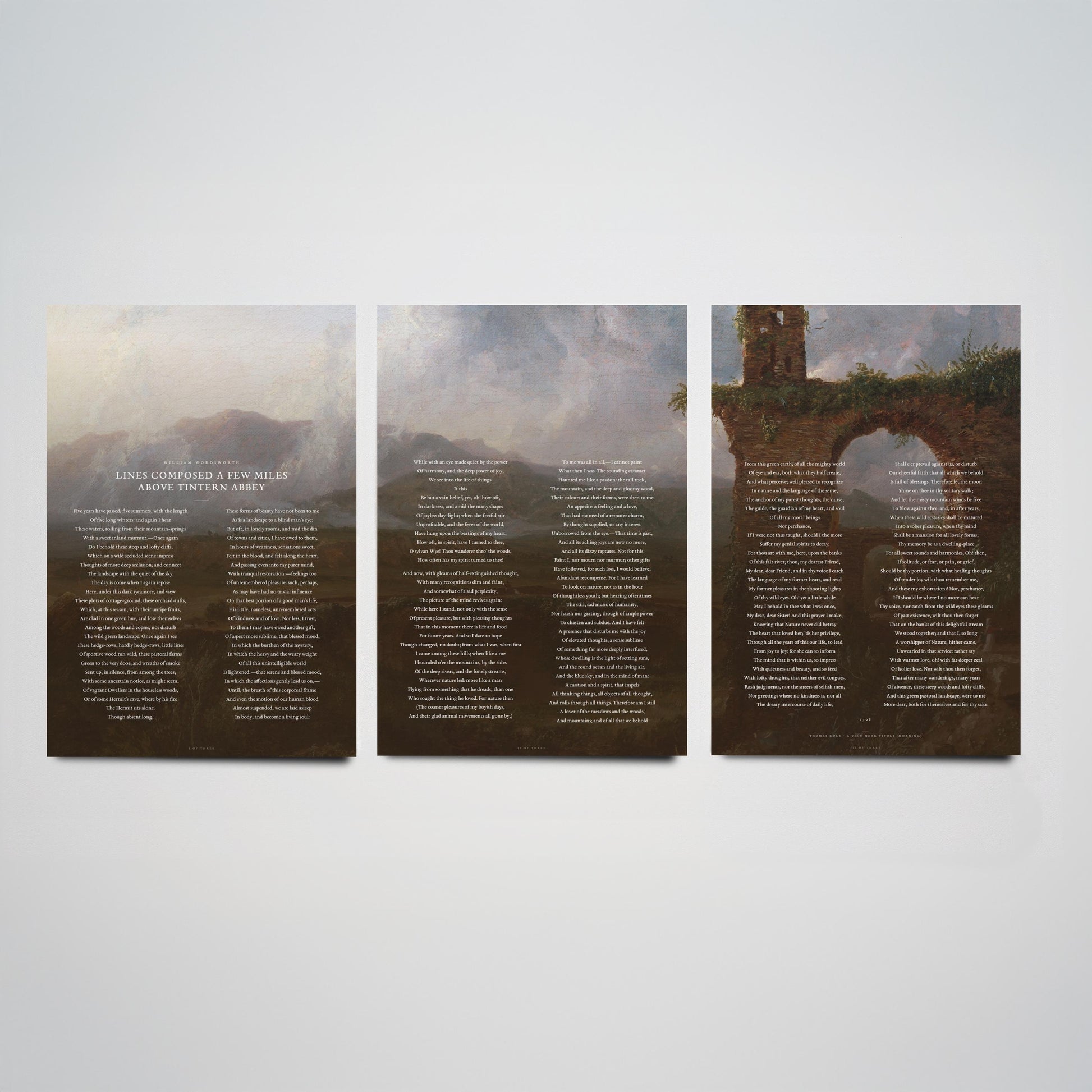 Lines Composed Above Tintern Abbey by William Wordsworth Set of Three Art Prints - Full Poem over Thomas Cole Painting - Poetry Posters