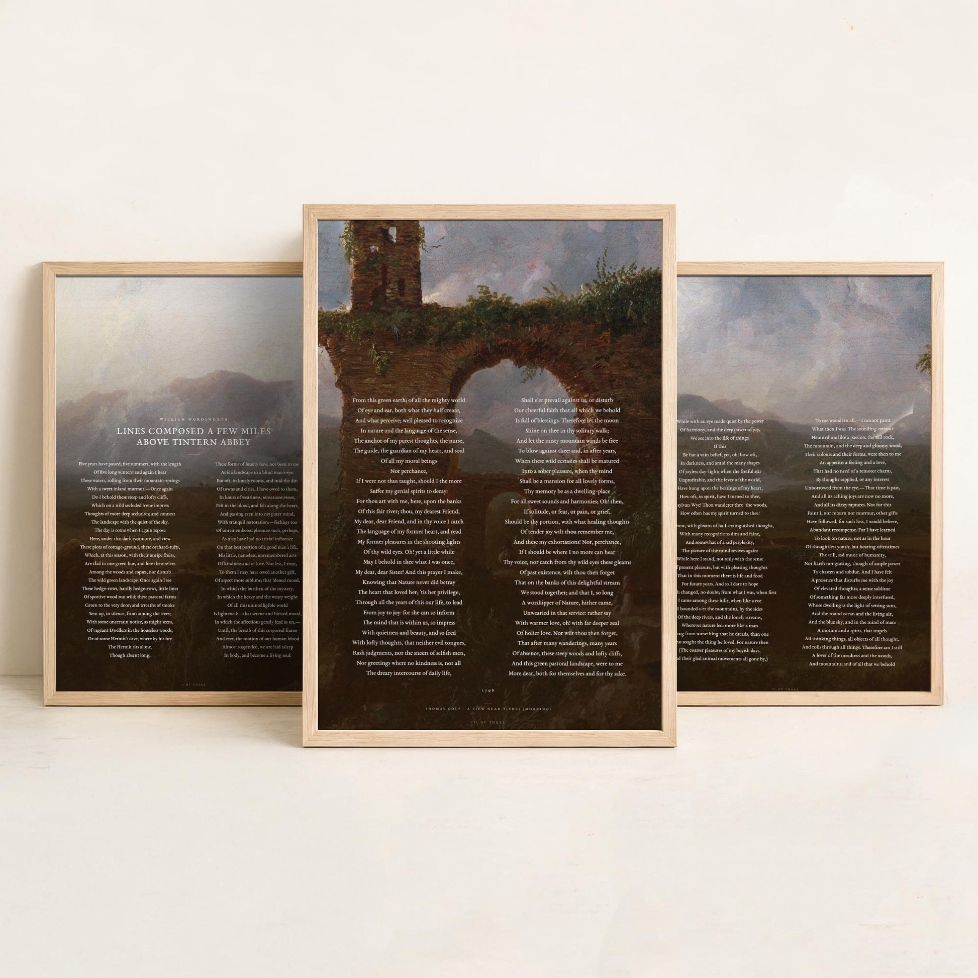 Lines Composed Above Tintern Abbey by William Wordsworth Set of Three Art Prints - Full Poem over Thomas Cole Painting - Poetry Posters